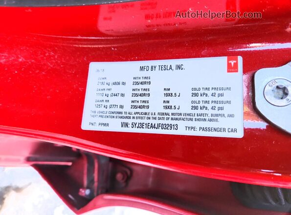 5YJ3E1EA4JF032913 2018 TESLA MODEL Красный Вид наклейки с VIN-кодом