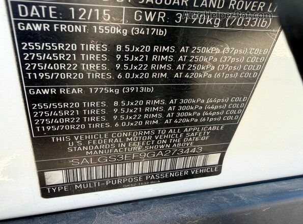 SALGS3EF9GA273443 2016 LAND ROVER RANGE Белый Вид задней части салона