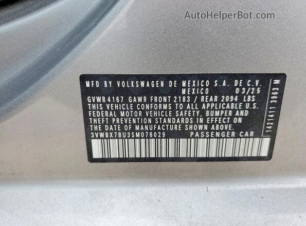 3VWBX7BU3SM076029 2025 VOLKSWAGEN JETTA Серебряный Вид наклейки с VIN-кодом