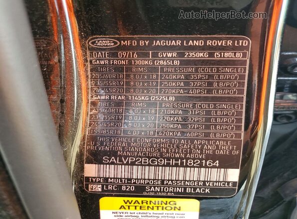 SALVP2BG9HH182164 2017 LAND ROVER RANGE ROVER Черный Панорамный вид салона 360°