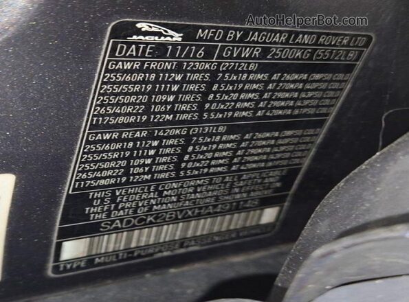 SADCK2BVXHA491148 2017 JAGUAR F-PACE Серый Вид задней части салона