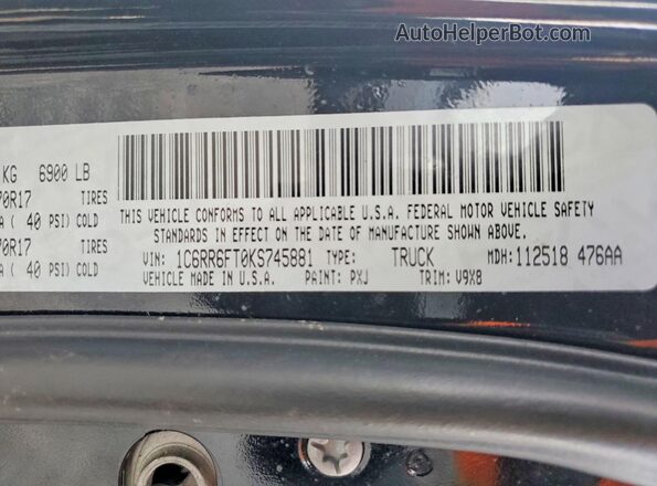 1C6RR6FT0KS745881 2019 RAM 1500 Черный Вид наклейки с VIN-кодом