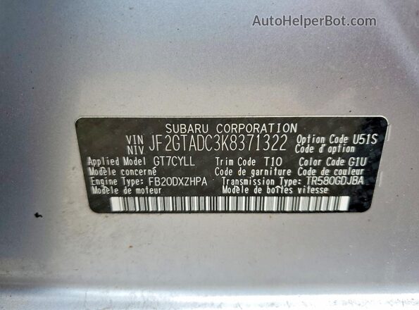 JF2GTADC3K8371322 2019 SUBARU CROSSTREK Silver Vista del compartimento del motor