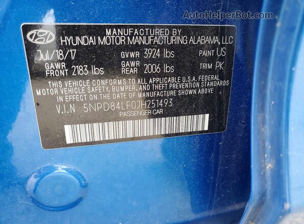 5NPD84LF0JH251493 2018 HYUNDAI ELANTRA Blue Vista del compartimento del motor