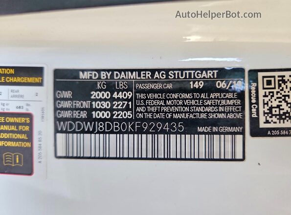 WDDWJ8DB0KF929435 2019 MERCEDES-BENZ C Белый Вид наклейки с VIN-кодом