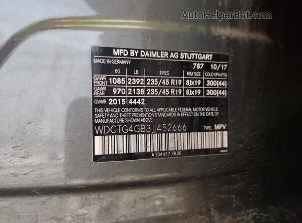 WDCTG4GB3JJ452666 2018 MERCEDES-BENZ GLA Серый Вид наклейки с VIN-кодом