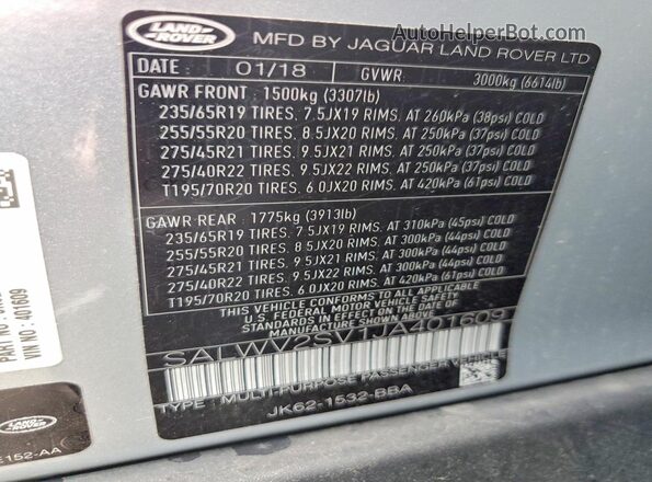 SALWV2SV1JA401609 2018 LAND ROVER RANGE Серебряный Панорамный вид салона 360°