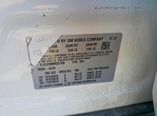 KL4CJASB9MB357938 2021 BUICK ENCORE Белый Вид наклейки с VIN-кодом