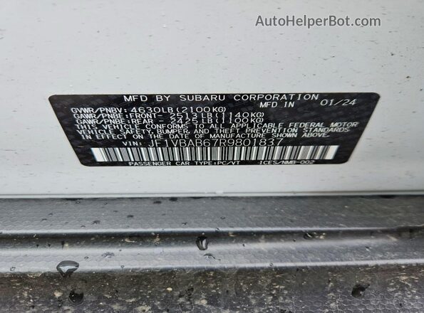 JF1VBAB67R9801837 2024 SUBARU WRX White Widok naklejki z numerem VIN