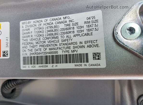 2HKRS4H72SH485595 2025 HONDA CRV Silver Widok wnętrza 360 stopni