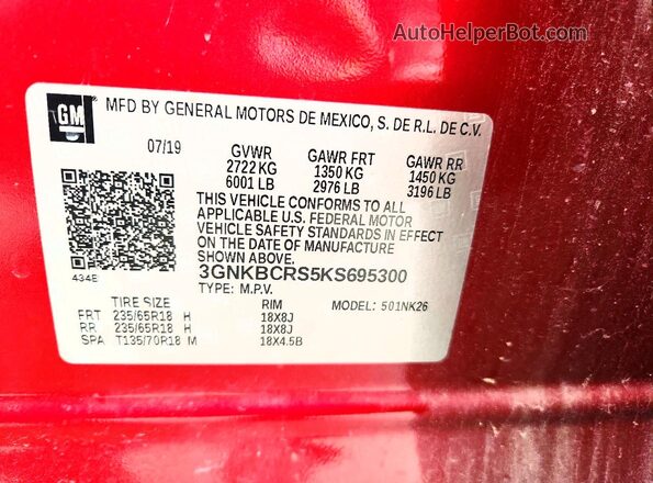 3GNKBCRS5KS695300 2019 CHEVROLET BLAZER Красный Панорамный вид салона 360°