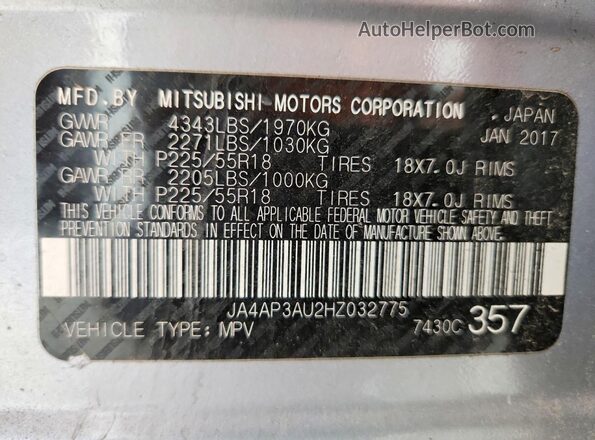 JA4AP3AU2HZ032775 2017 MITSUBISHI OUTLANDER Серебряный 