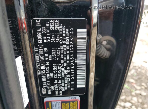 5XYPKDA54HG338145 2017 KIA SORENTO Черный Вид наклейки с VIN-кодом