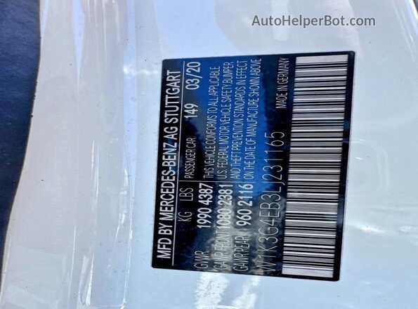 W1K3G4EB3LJ231165 2020 MERCEDES-BENZ A White Widok tylnych siedzeń