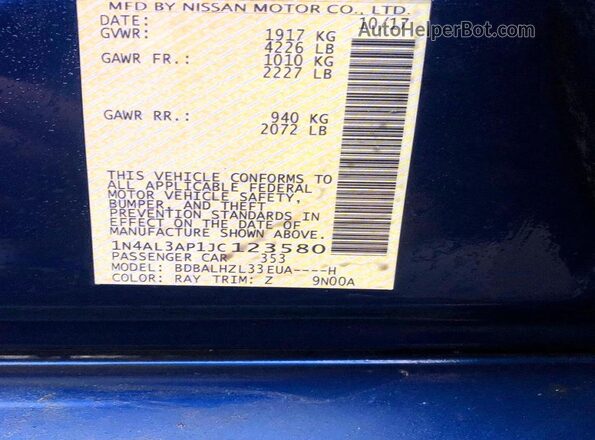 1N4AL3AP1JC123580 2018 NISSAN ALTIMA Blue Widok wnętrza z tyłu