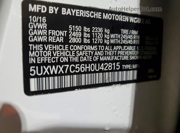 5UXWX7C56H0U42815 2017 BMW X3 Белый Панорамный вид салона 360°