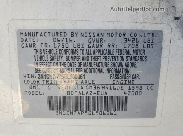 3N1CN7AP9GL906361 2016 NISSAN VERSA White Widok naklejki z numerem VIN