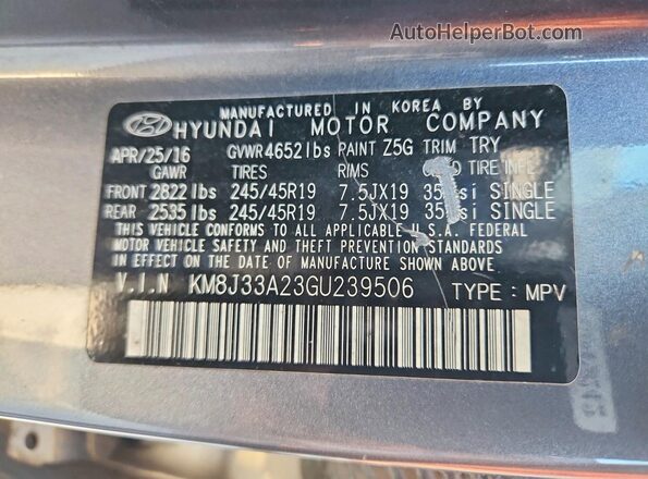 KM8J33A23GU239506 2016 HYUNDAI TUCSON Gray Vista interior de 360 grados