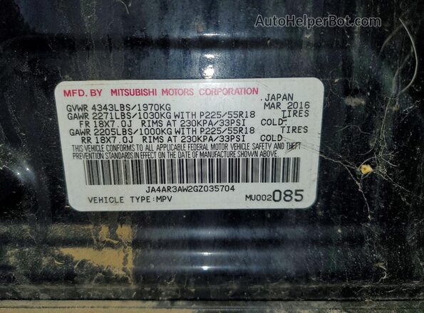 JA4AR3AW2GZ035704 2016 MITSUBISHI OUTLANDER Черный Панорамный вид салона 360°