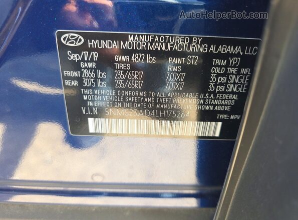 5NMS23AD4LH175264 2020 HYUNDAI SANTA Синий Вид задней части салона