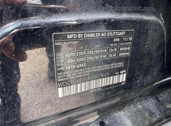 WDCTG4EB6KU007843 2019 MERCEDES-BENZ GLA Black Widok wnętrza z tyłu
