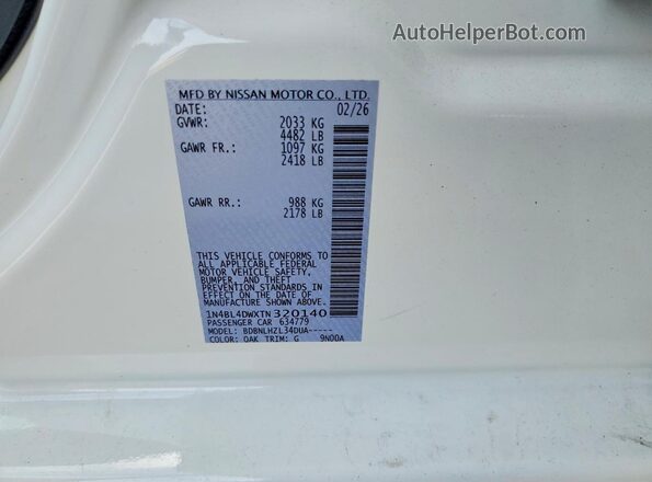 1N4BL4DWXTN320140 2026 NISSAN ALTIMA Белый Вид наклейки с VIN-кодом