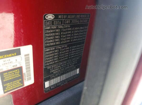 SALWR2PF5GA653586 2016 LAND ROVER RANGE ROVER Красный Панорамный вид салона 360°
