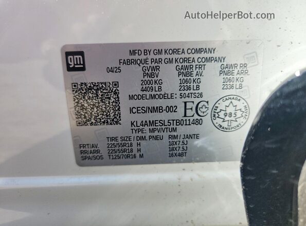 KL4AMESL5TB011480 2026 BUICK ENCORE Белый Вид наклейки с VIN-кодом