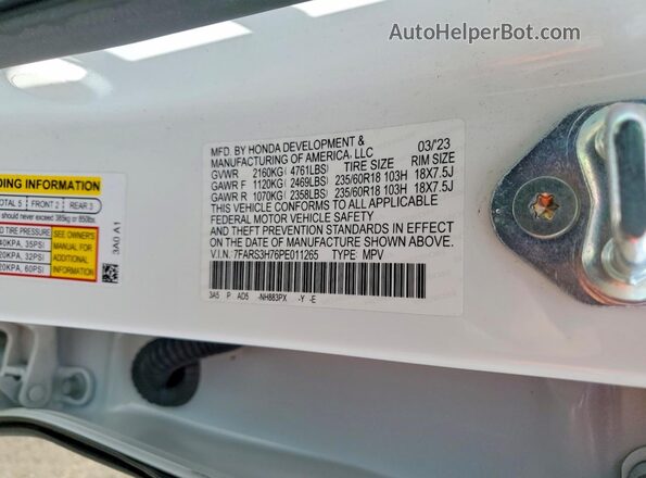 7FARS3H76PE011265 2023 HONDA CR-V White VIN კოდის სტიკერის ხედი