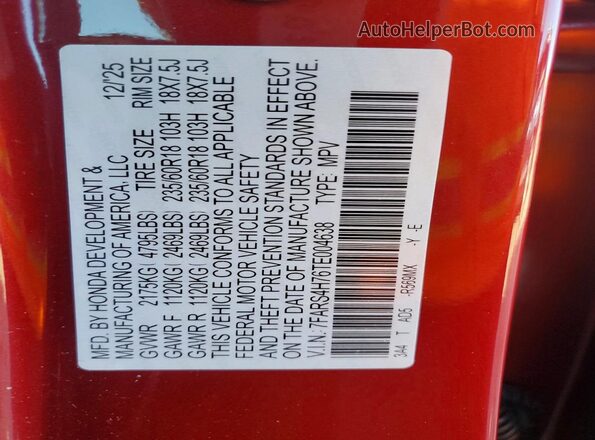 7FARS4H76TE004638 2026 HONDA CR-V Red Вид наклейки з VIN-кодом
