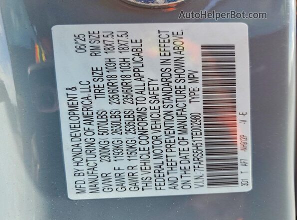 7FARS5H51TE002980 2026 HONDA CR-V Gray Вид наклейки з VIN-кодом