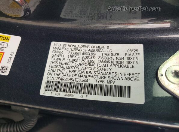 7FARS5H84TE008041 2026 HONDA CR-V Угольный Вид наклейки с VIN-кодом