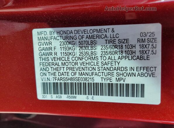 7FARS5H89SE038215 2025 HONDA CRV Red VIN კოდის სტიკერის ხედი