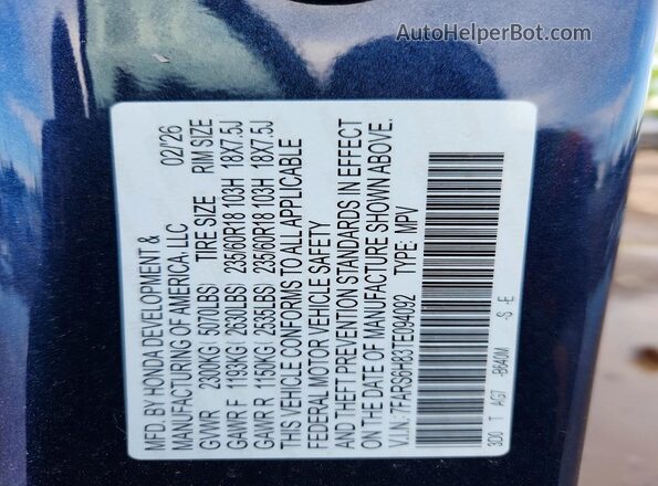 7FARS6H83TE094092 2026 HONDA CR-V Blue Widok naklejki z numerem VIN