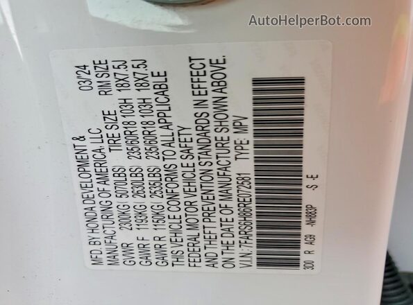 7FARS6H86RE072581 2024 HONDA CR-V White Widok naklejki z numerem VIN