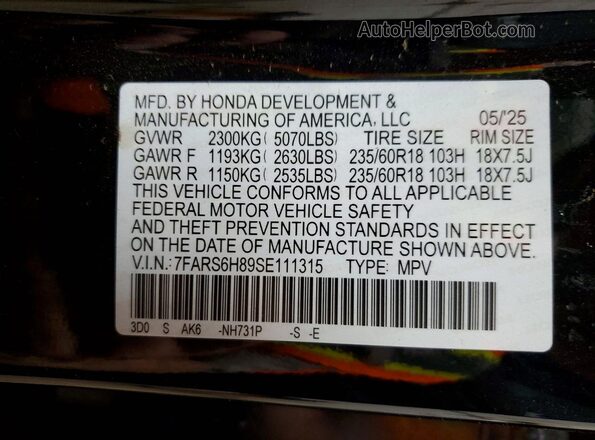 7FARS6H89SE111315 2025 HONDA CR-V Black Widok wnętrza 360 stopni