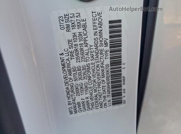 7FARS6H8XRE006700 2024 HONDA CR-V Белый Панорамный вид салона 360°
