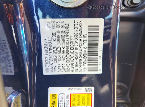 7FARS6H8XTE030132 2026 HONDA CR-V Синий Вид наклейки с VIN-кодом