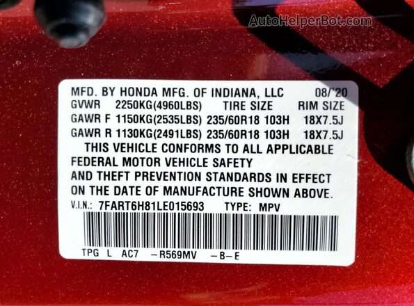 7FART6H81LE015693 2020 HONDA CR-V Burgundy Vista de la etiqueta del VIN