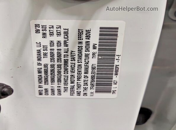 7FART6H89LE019071 2020 HONDA CR-V White VIN sticker view