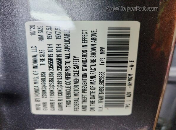 7FART6H92LE023553 2020 HONDA CR-V Gray Вид наклейки з VIN-кодом