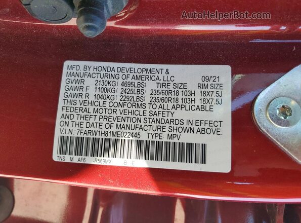 7FARW1H81ME022445 2021 HONDA CR-V Red 360 interior view