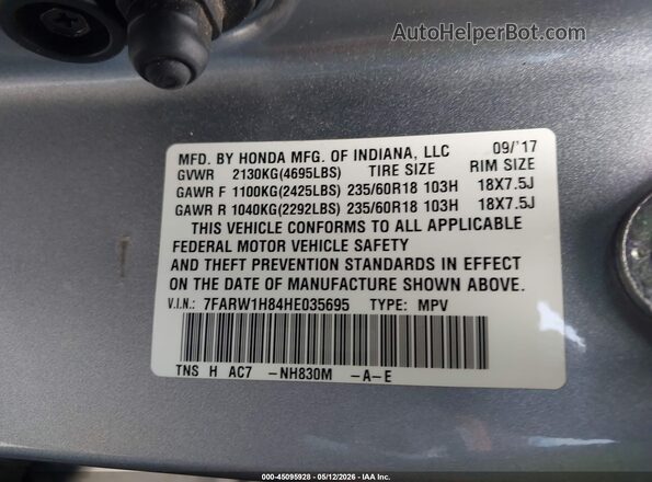 7FARW1H84HE035695 2017 HONDA CR-V Серебряный Вид подкапотного пространства