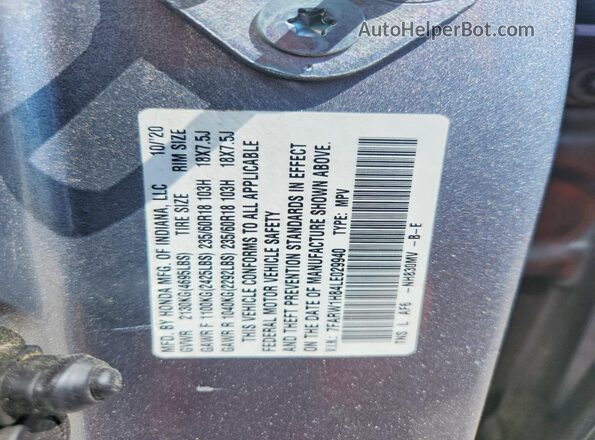 7FARW1H84LE029940 2020 HONDA CR-V Silver Vista de la etiqueta del VIN