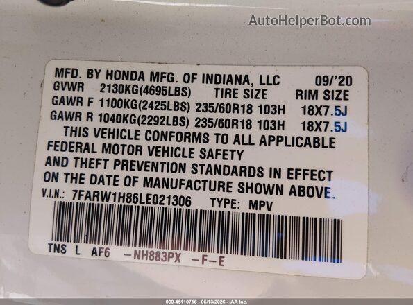 7FARW1H86LE021306 2020 HONDA CR-V White Vista del compartimento del motor