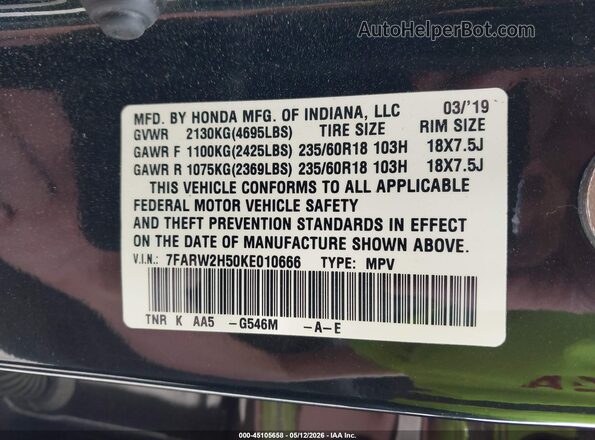7FARW2H50KE010666 2019 HONDA CR-V Черный Вид подкапотного пространства