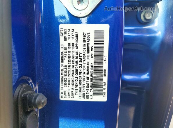 7FARW2H53ME013807 2021 HONDA CR-V Blue VIN კოდის სტიკერის ხედი