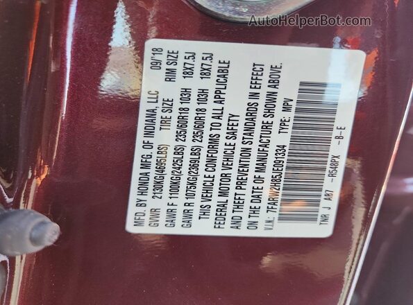 7FARW2H85JE091334 2018 HONDA CR-V Burgundy Widok naklejki z numerem VIN