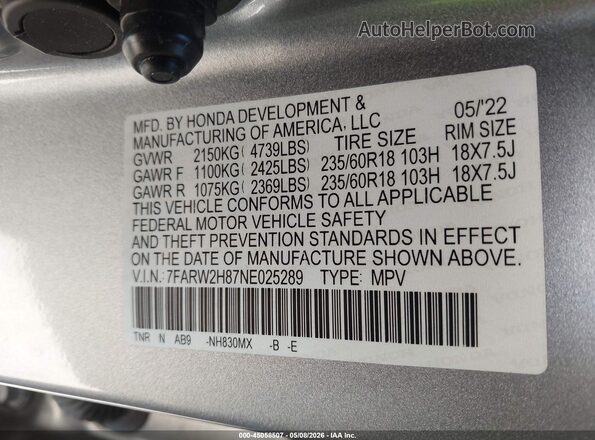 7FARW2H87NE025289 2022 HONDA CR-V Серебряный Вид подкапотного пространства