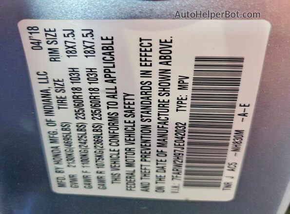 7FARW2H97JE042032 2018 HONDA CR-V Silver VIN sticker view